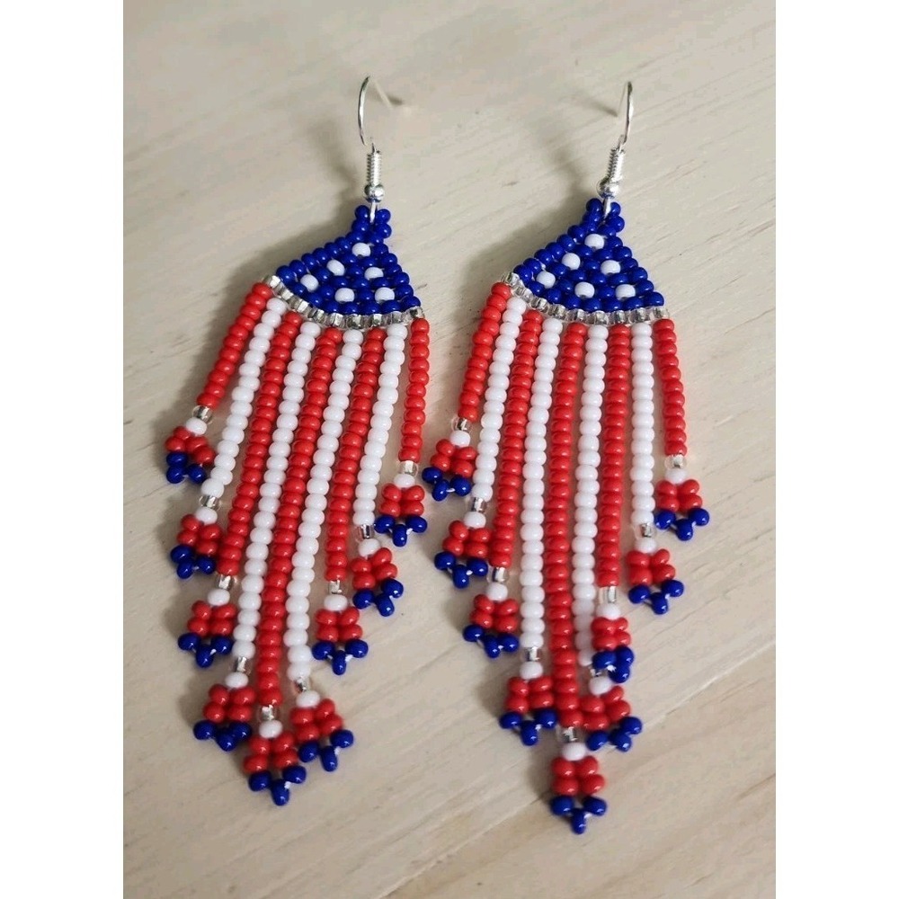 Handmade Patriotic USA Flag Beaded Earrings 4th of July Fringe Dangle Red White
